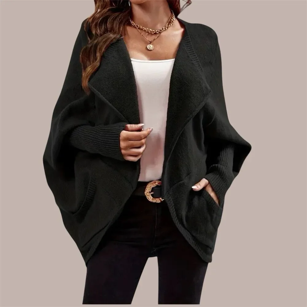 Elegant Long Sleeve Cardigan Black with Collar and Batwing Style for Women Small